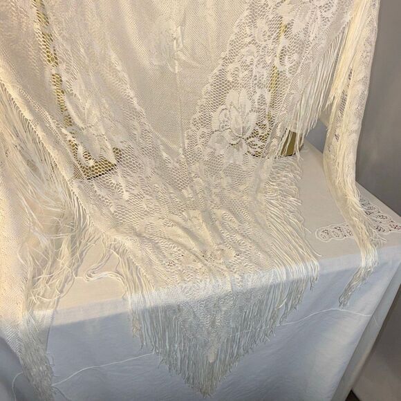 White Lace Fringe Shawl Wrap | Romantic Floral Mantilla Scarf 64x60 + 7” Fringe - Picture 5 of 11
